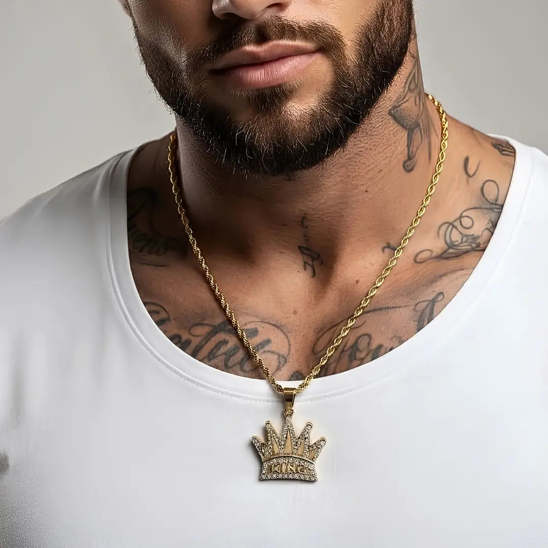 18K Gold Filled King Crown Pendant Necklace with 60cm Rope Chain